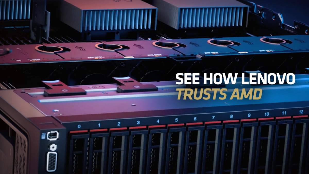 Black and red Lenovo server rack hardware with text “See How Lenovo Trusts AMD”