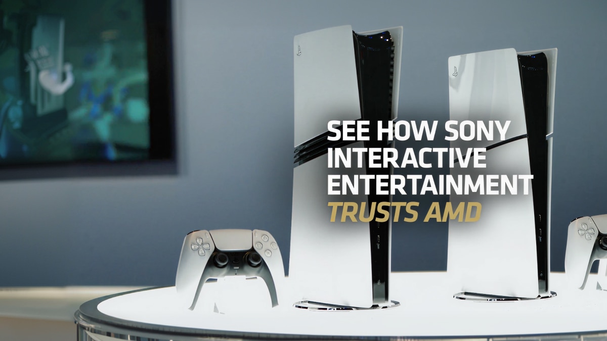 White Sony PlayStation 5 consoles and DualSense controller on display with text “See How Sony Interactive Entertainment Trusts AMD”