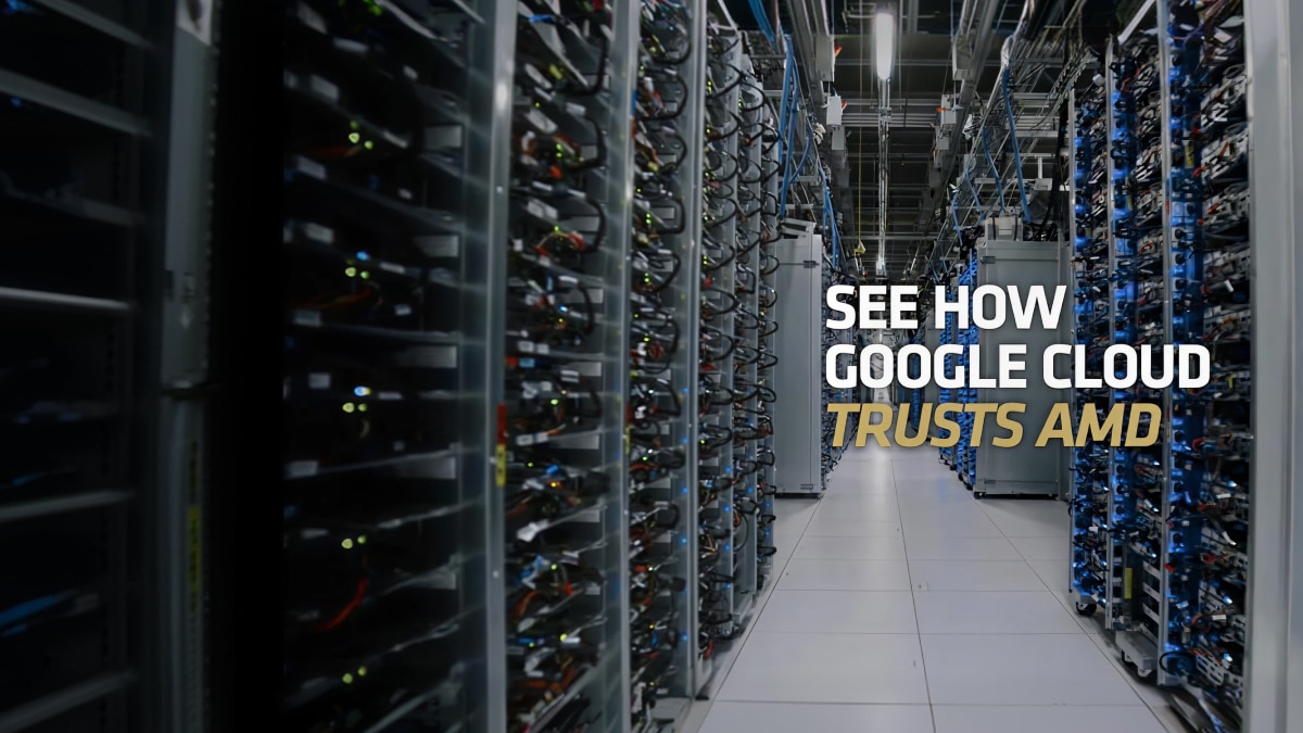 Server racks in a data center aisle with cables and lights; text reads “SEE HOW GOOGLE CLOUD TRUSTS AMD”