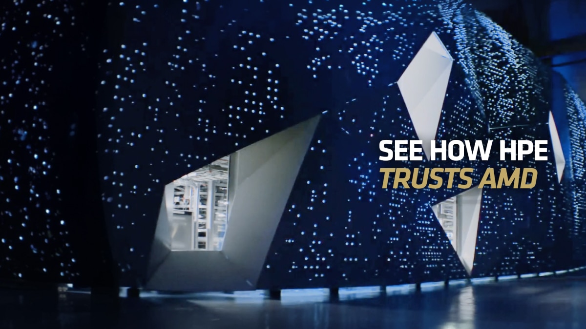 Blue-lit data center wall with geometric cutouts revealing servers; text reads “SEE HOW HPE TRUSTS AMD”
