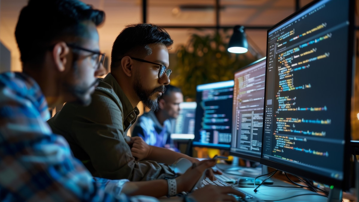 Team of developers working at computers, reviewing colorful lines of code on large monitors in a dimly lit office.