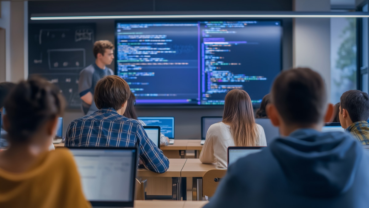 Students using laptops in classroom while instructor presents code on large screen, teaching programming concepts in a group setting
