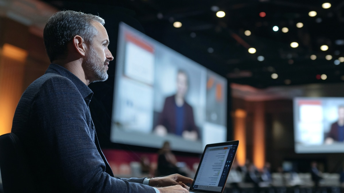 Man uses laptop while seated at conference, large screen shows remote speaker, audience blurred in background