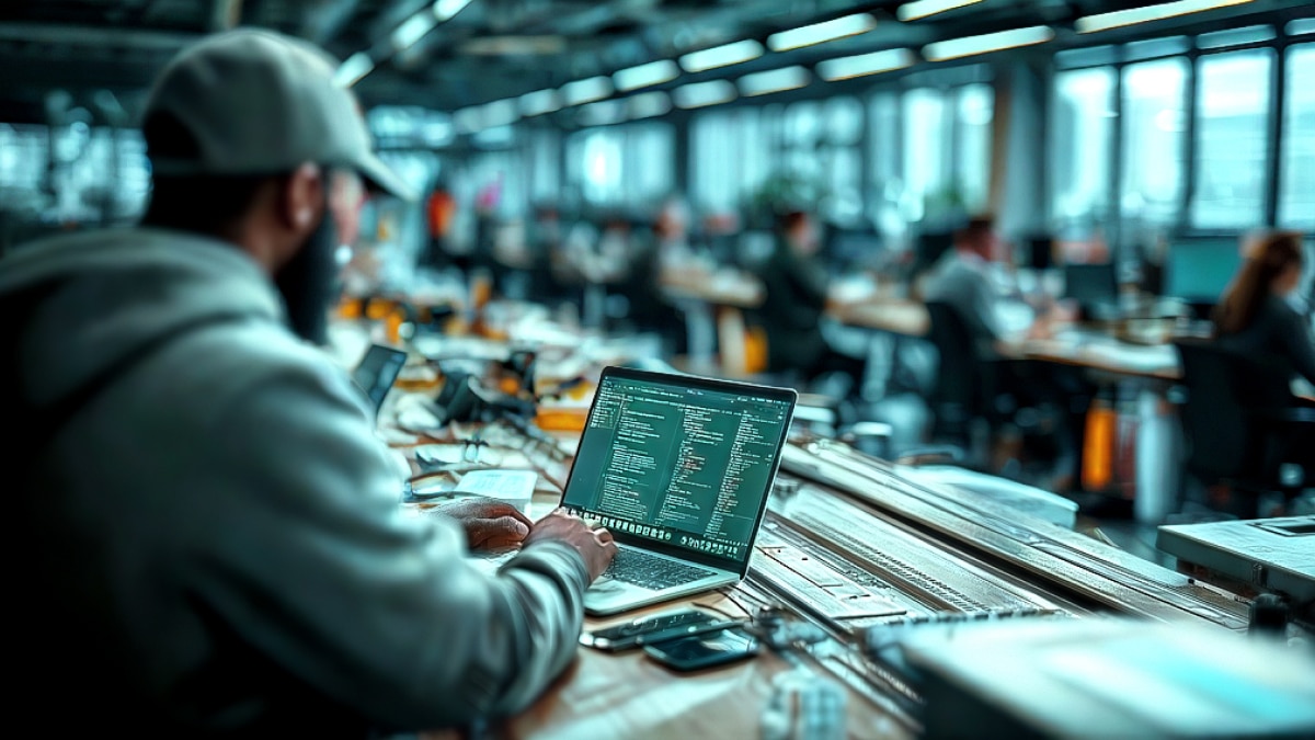 Developer works on laptop displaying code at long desk in open office with multiple people and equipment in background