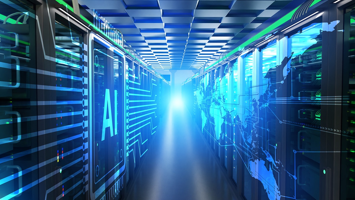 Futuristic server corridor with glowing AI chip graphic and world map overlay, representing global AI infrastructure