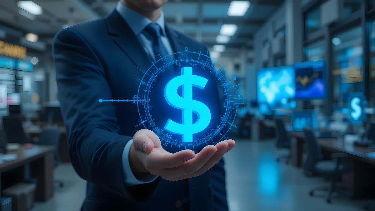Business professional holding glowing digital dollar symbol with circular interface in modern office, representing fintech