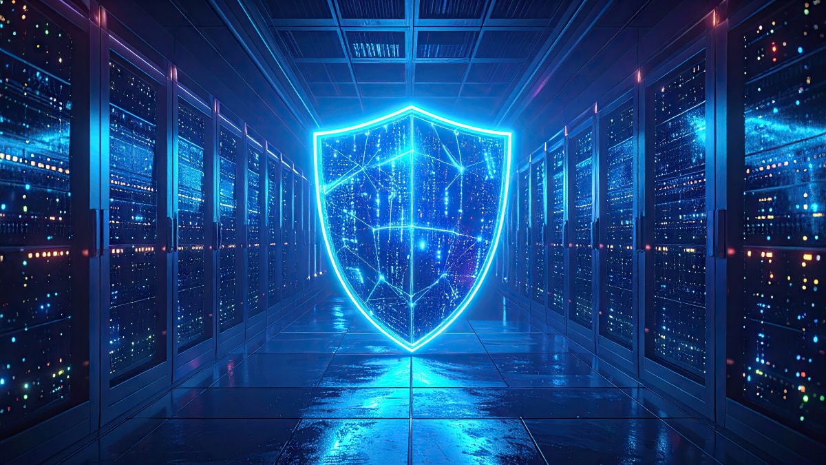 Glowing digital shield icon in server room aisle symbolizing cybersecurity protection and secure data infrastructure