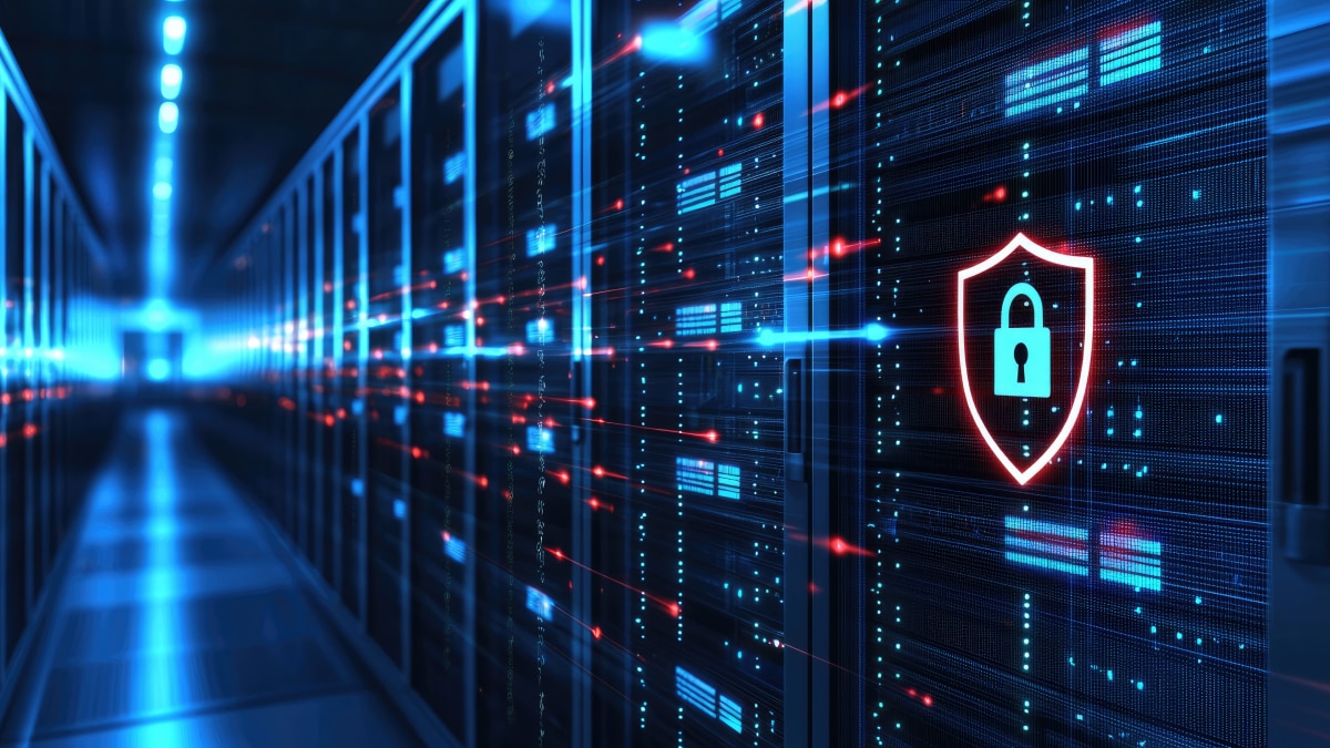 Digital lock icon overlaid on server racks with red and blue data lines, representing network security and protection