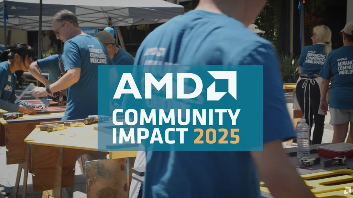 Volunteers in blue AMD shirts assembling items outdoors; overlay text “AMD Community Impact 2025.”