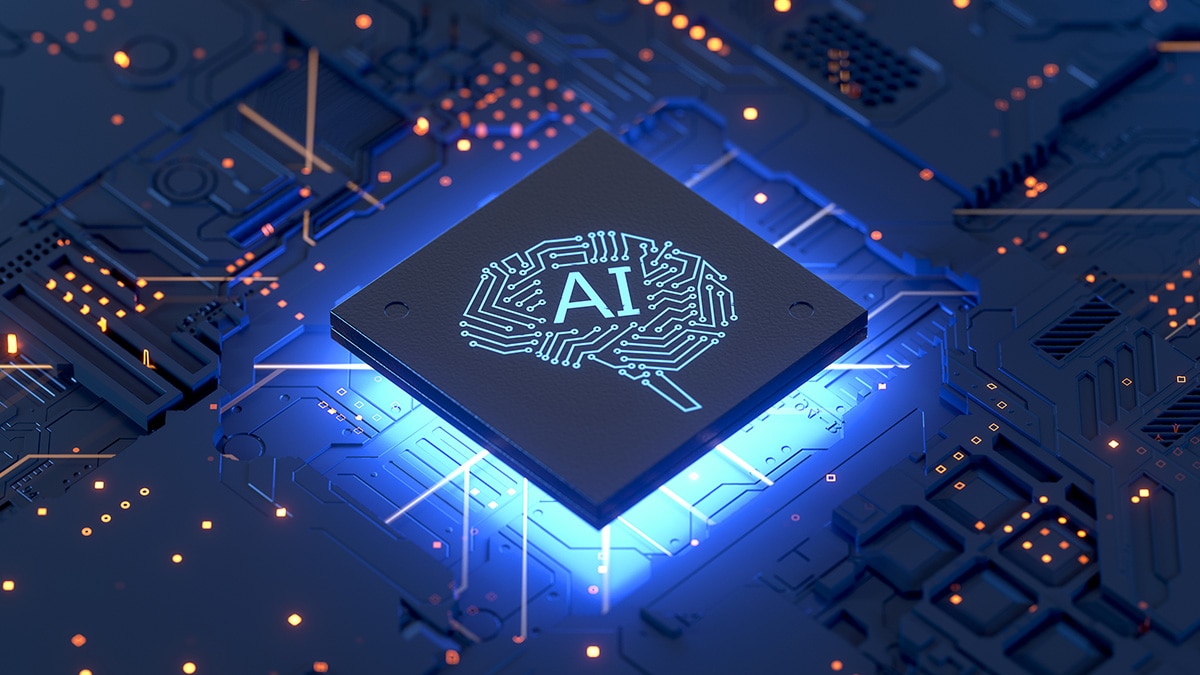 High-tech AI chip on a circuit board with glowing blue accents