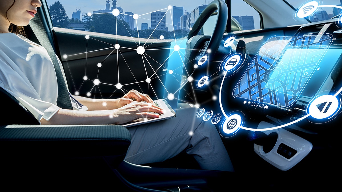 workplace on wheels woman in automated driving car