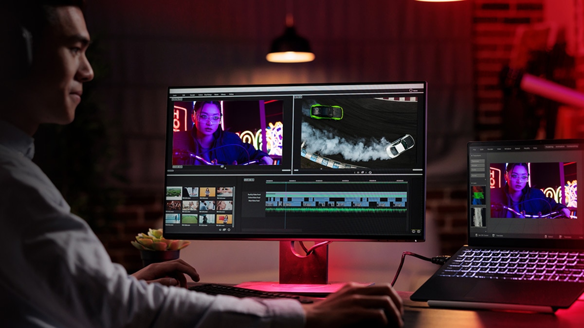 Asian man using AMD laptop for content creation