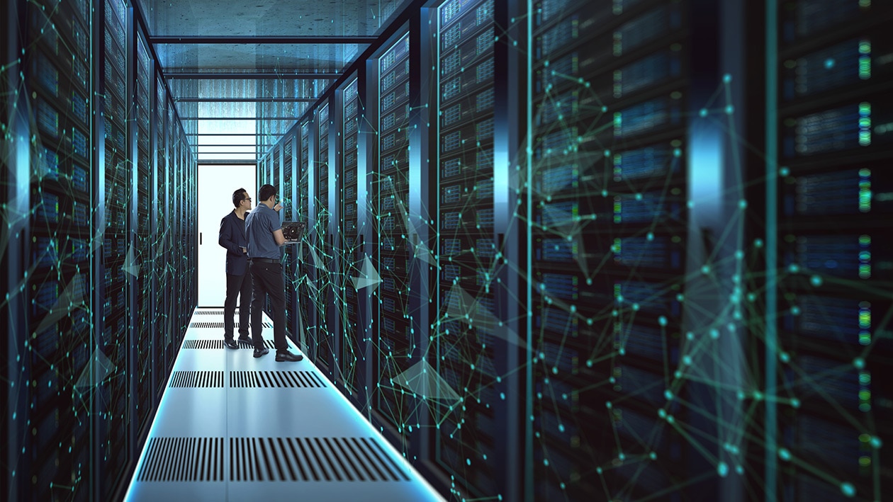 IT Engineers and Technician discussing technical problem in server room with data connection visual effect .
