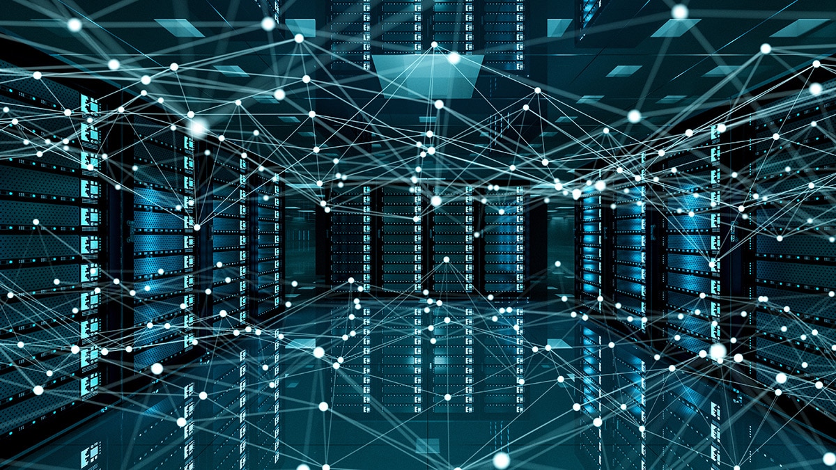 Abstract network on server room data center 3D rendering