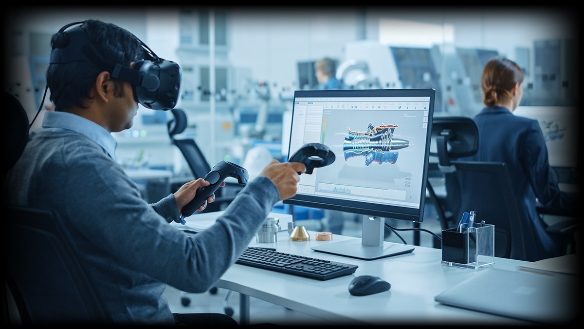 Modern Industrial Factory: Mechanical Engineer Wearing Virtual Reality Headset, Holding Controllers Modern Industrial Factory: Mechanical Engineer Wearing Virtual Reality Headset, Holding Controllers