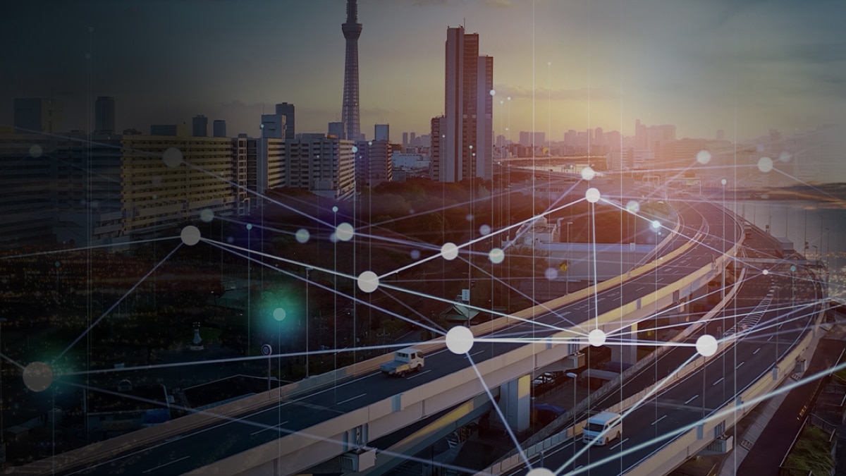 city skyline with digital lines and dots overlay image