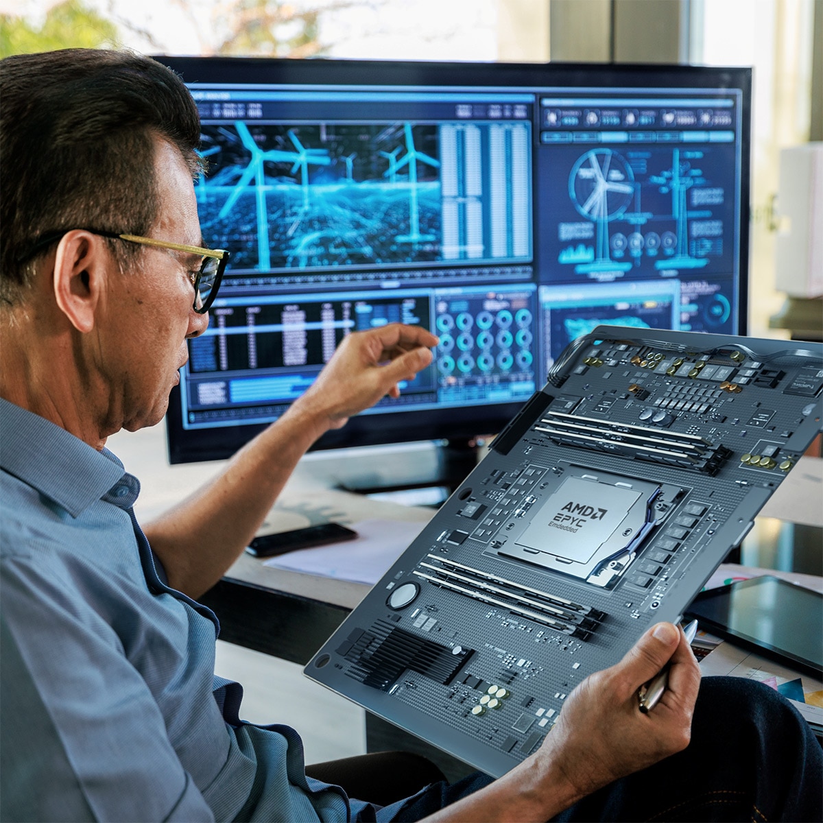Man at a desk holding an AMD EPYC processor