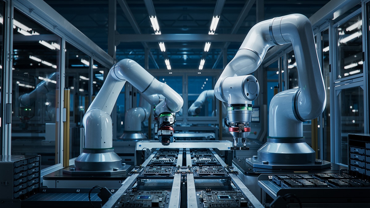 Advanced High Precision Robot Arms on Fully Automated PCB Assembly Line Inside Modern Electronics Factory. Electronic Devices Production Industry. Advanced High Precision Robot Arms on Fully Automated PCB Assembly Line Inside Modern Electronics Factory. Electronic Devices Production Industry.
