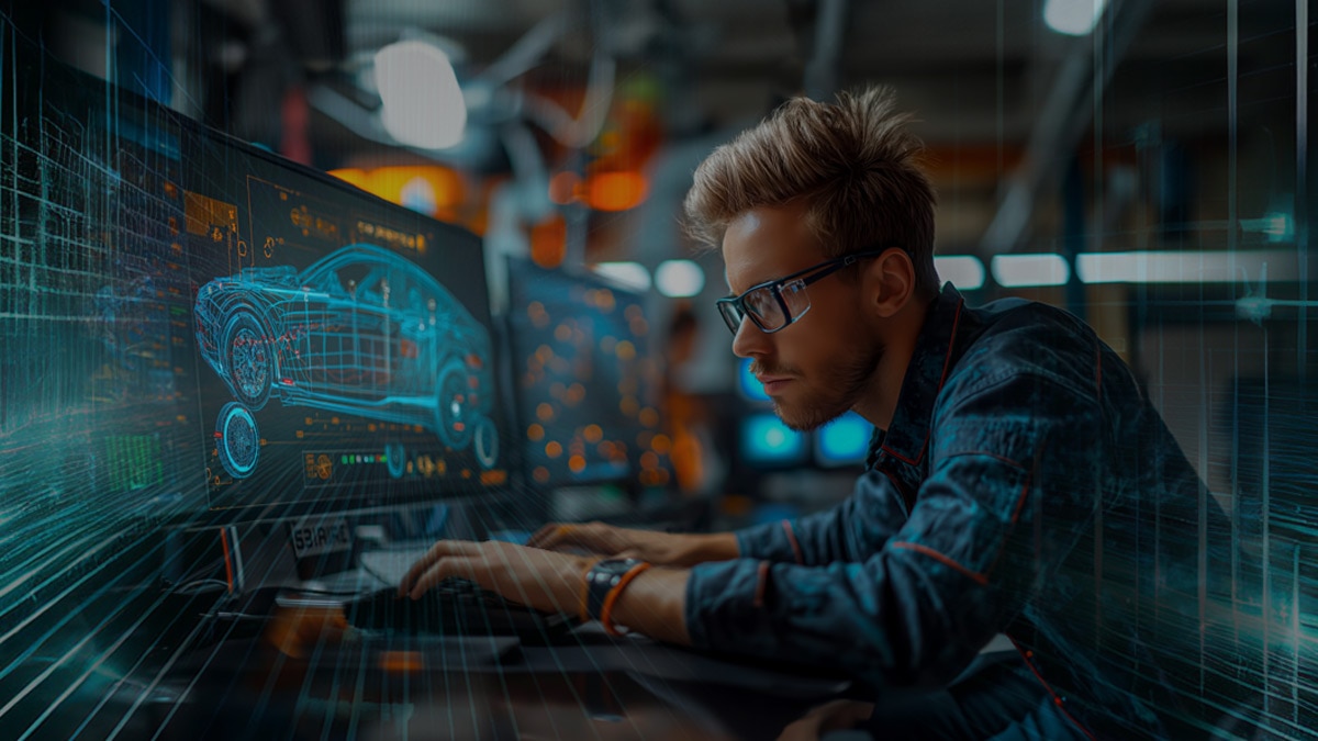 A young male designer with glasses, working on a computer and surrounded by monitors displaying car design and digital blueprints