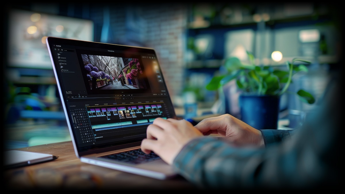 A person is using a laptop to edit a video