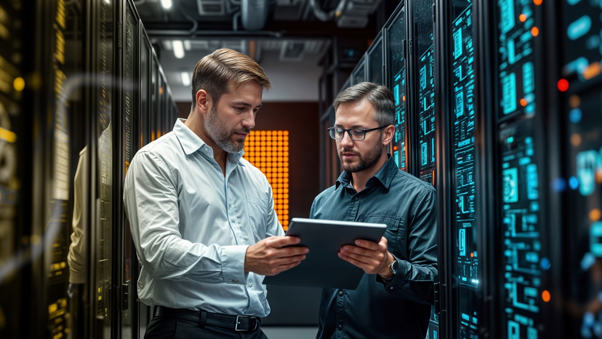 Two men working in a datacenter Two men working in a datacenter