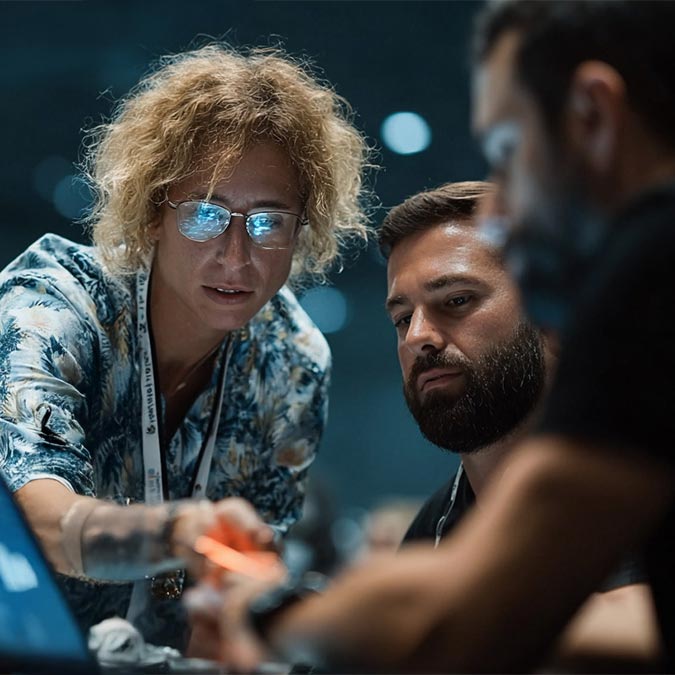 A group of people are networking and collaborating in a modern office building