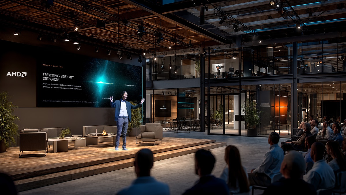 Speaker presenting breakthrough AI research at a futuristic technology summit