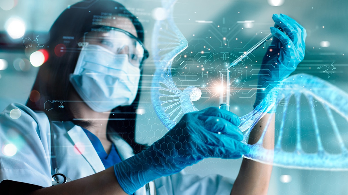 Researcher in mask and blue gloves uses a pipette in a lab, with a digital DNA double helix and molecular data overlay.