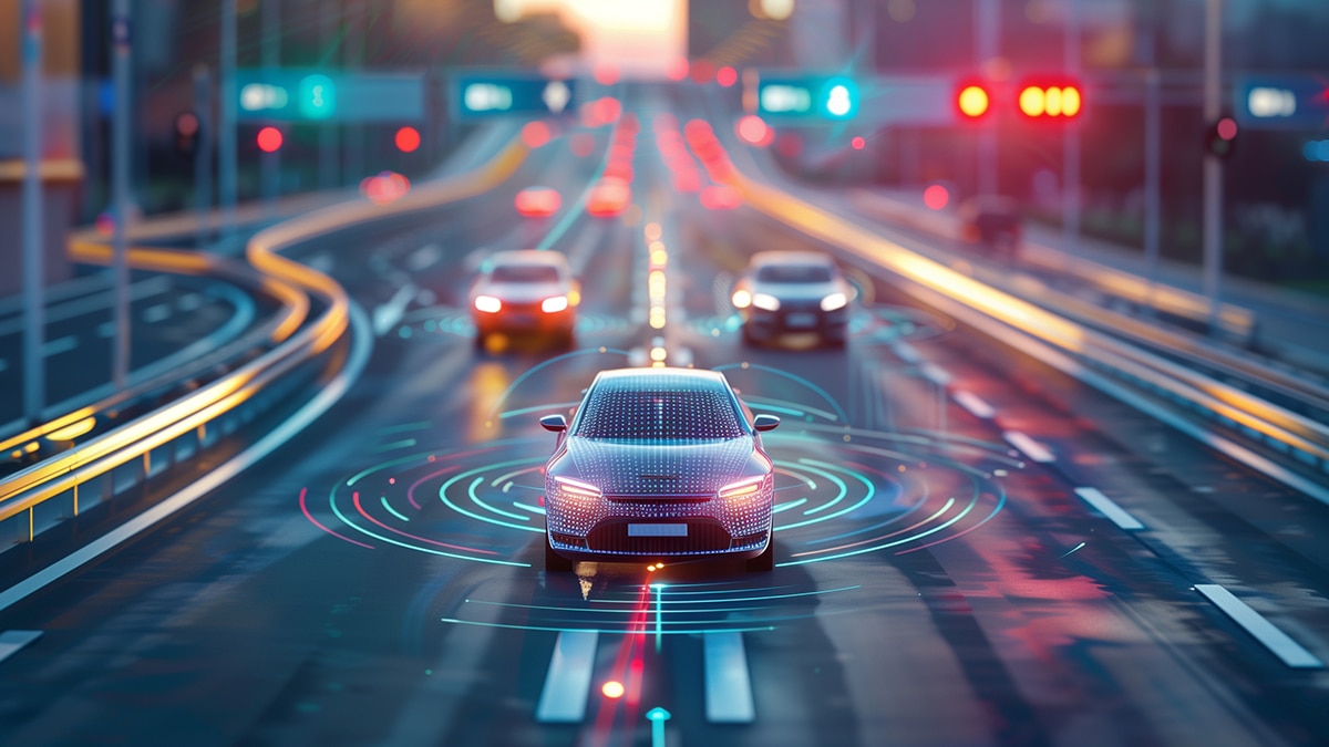 Autonomous car driving on a city road with glowing sensor rings and connected traffic, visualizing AI-powered self-driving systems.