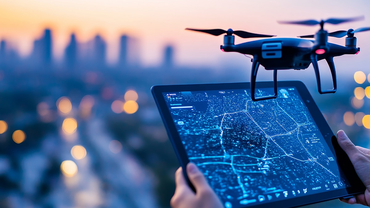 Aerial drone flight over a cityscape at dusk, showcasing technology and urban development