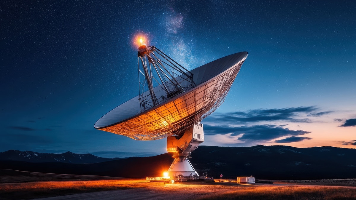 Large radio telescope dish illuminated in orange light at dusk, aimed skyward beneath a star-filled Milky Way and mountain horizon.