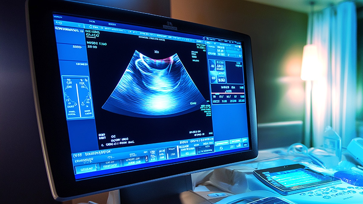 Ultrasound screen glowing in darkened room