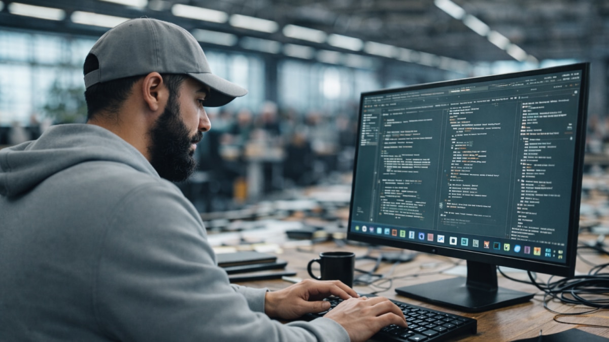Bearded developer in cap types code on desktop monitor at shared workspace table