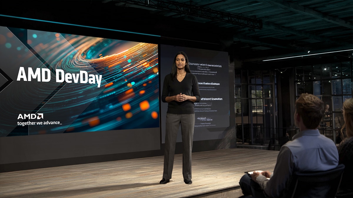 Speaker presenting breakthrough AI research at a futuristic technology summit