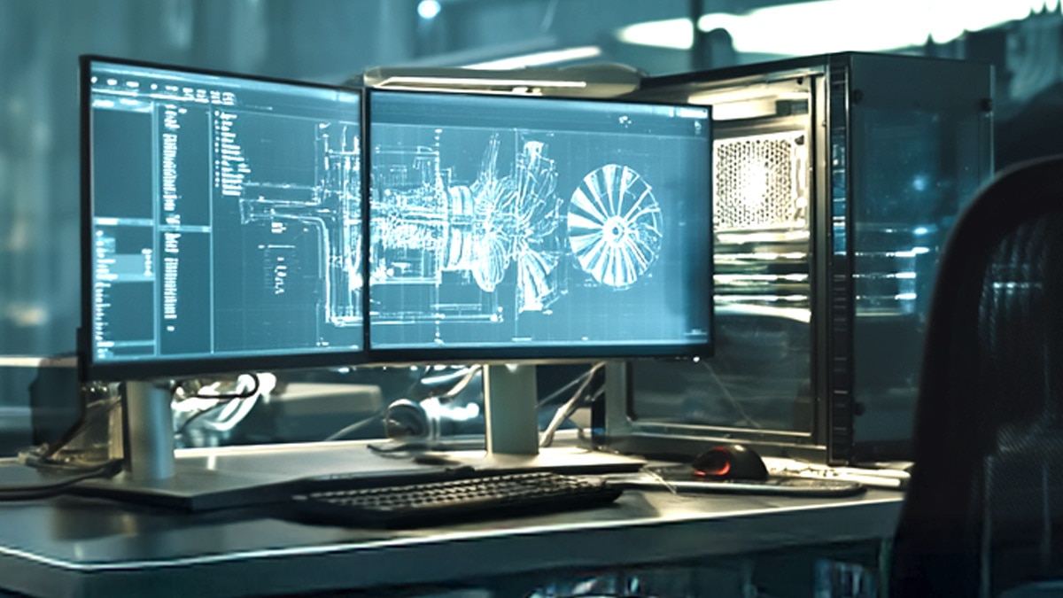 Teal-lit engineering lab with workstation desk and dual monitors displaying 3D turbine schematics