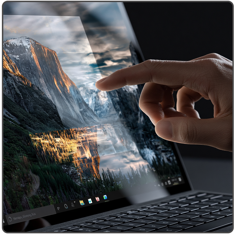 Hand using pinch gesture on a laptop screen