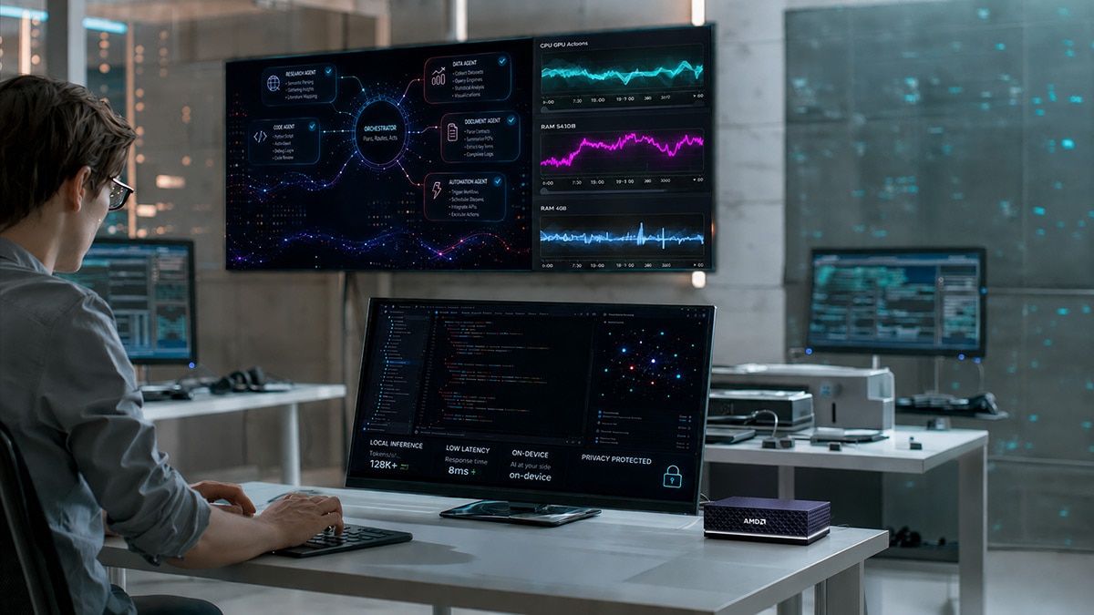 Developer typing at a desk. Monitors display code, an AI orchestrator diagram with agents, performance graphs, and text like 'LOCAL INFERENCE'. An AMD device is on the desk.