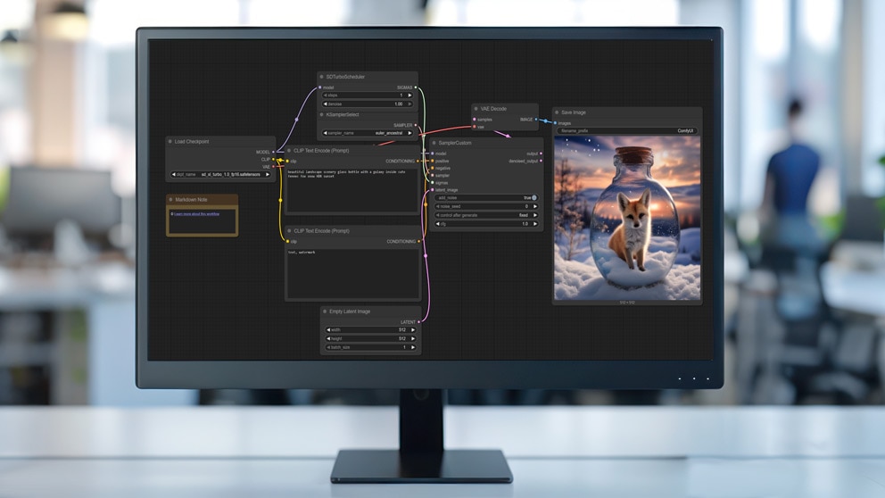 Screen monitor with a modern office workspace background