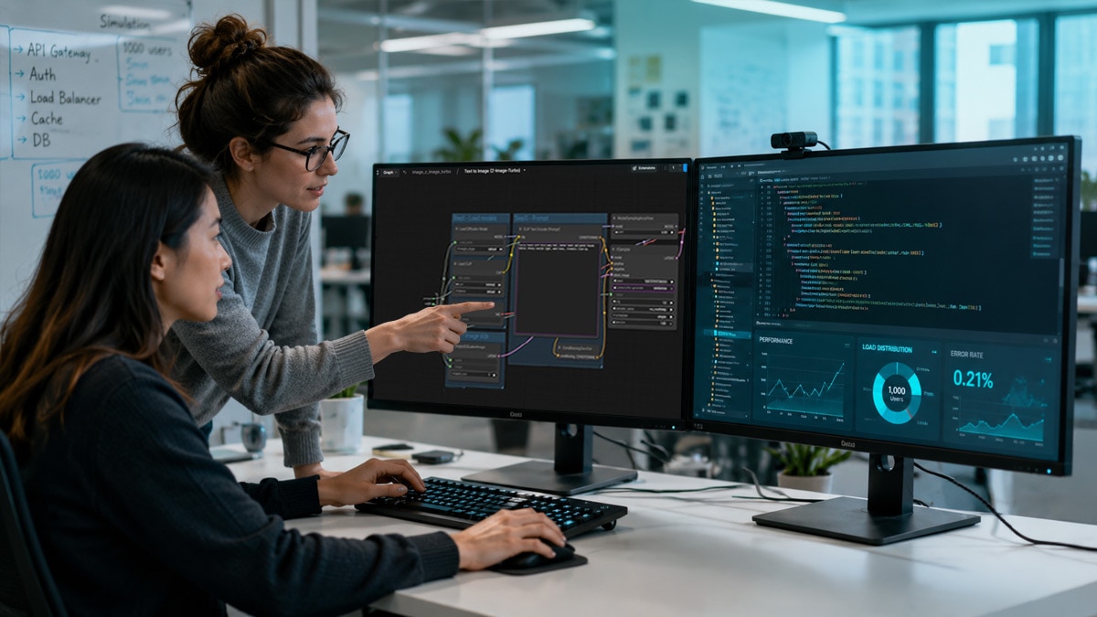 Developer wearing headset at dual monitors displaying AI workflow and node-based image generation interface in office setup