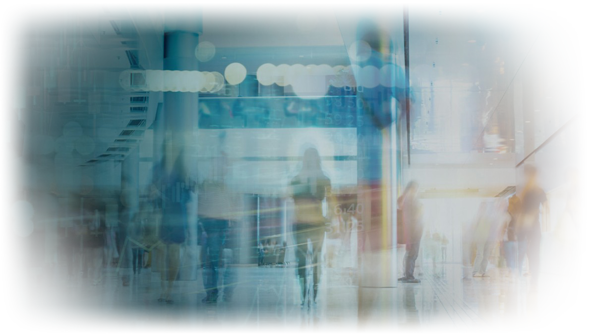 Blurred people walking through modern glass lobby with blue overlay, light reflections