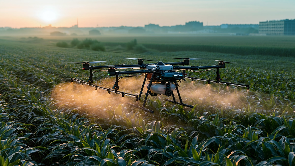 Large autonomous agriculture drone spraying crops over a lush green corn field
