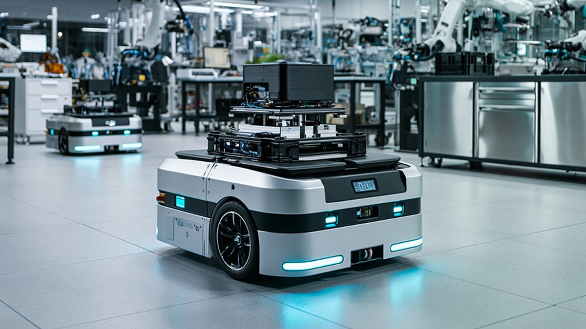 Smart factory with autonomous AI-powered mobile robots coordinating production