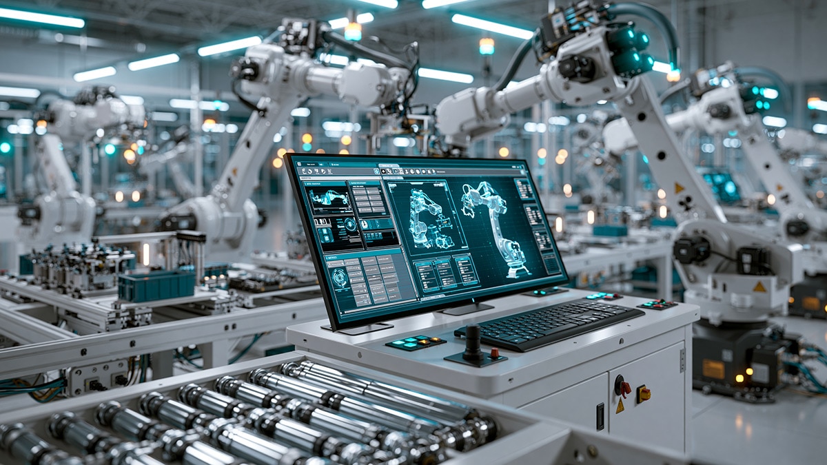 Futuristic smart factory, multiple white robotic arms assembling products on an automated production line