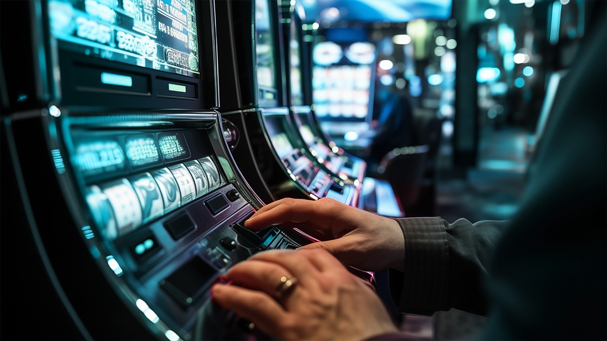 Close-up of a man playing a slot machine 