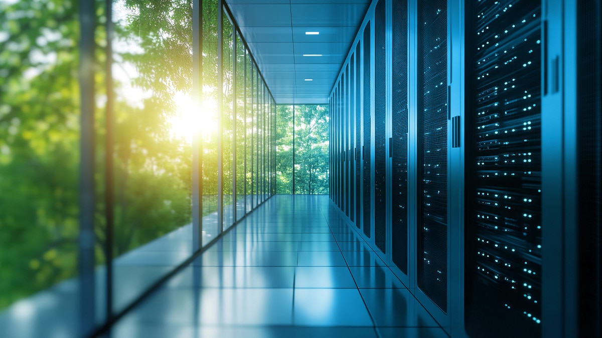 Modern data center with server racks beside floor-to-ceiling windows overlooking a sunlit forest