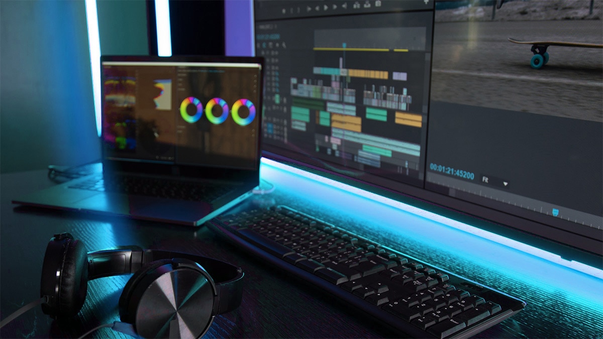 Video editing workspace with timeline display, color grading laptop, keyboard, headphones
