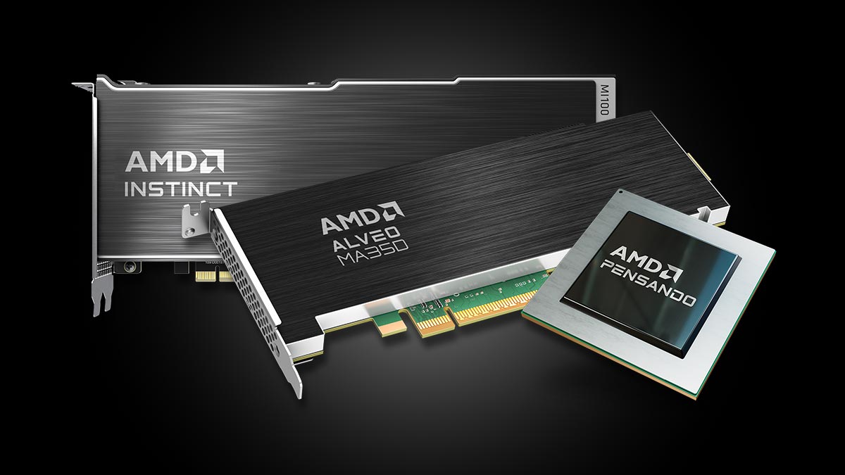 AMD Instinct™ GPU accelerators, AMD Alveo™ adaptive accelerators, AMD Kria™ SOMs, AMD NICs, and AMD Pensando™ DPU accelerators.
