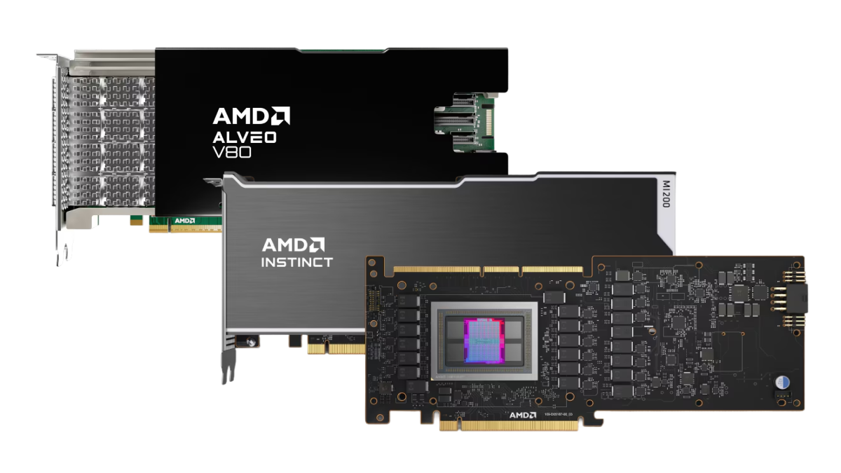 AMD hardware accelerators including the Alveo V80 card, AMD Instinct accelerator, and an exposed circuit board with visible chip and components, displayed on a black background.