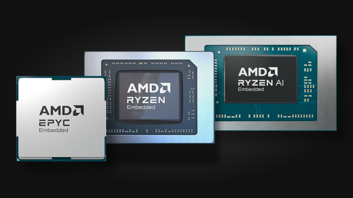 Three processors labeled EPYC Embedded, Ryzen Embedded, and Ryzen AI Embedded on dark background.