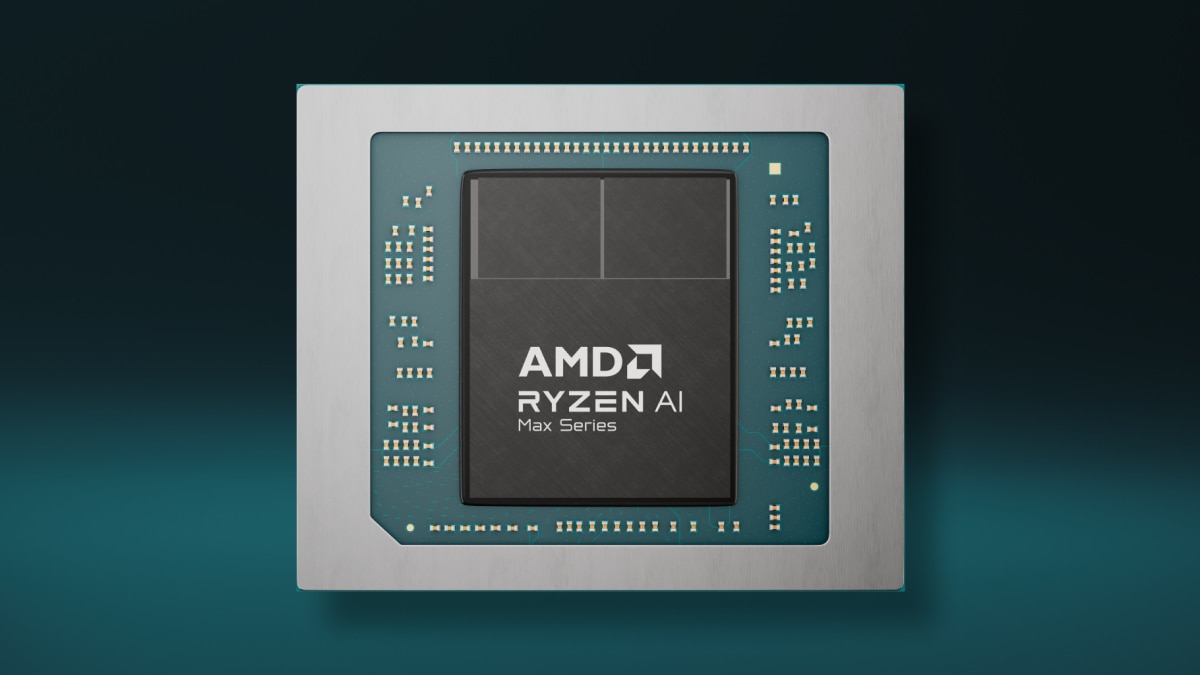 AMD Ryzen AI Max Series processor package on a black background with the text "Ryzen AI Max Series" visible on the chip.